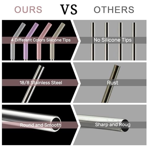 Replacement Metal Straws for Stanley 40oz Cup - 4 Pack 12" Stainless Steel Straws with Silicone Tips and Cleaner Brush