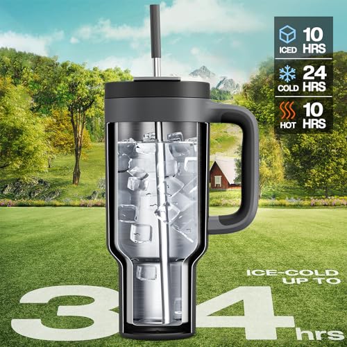 Insulated Stainless Steel Travel Coffee Mug with Handle, Leakproof, Dishwasher Safe, Keeps Cold for 34 Hours (40 oz, Mi
